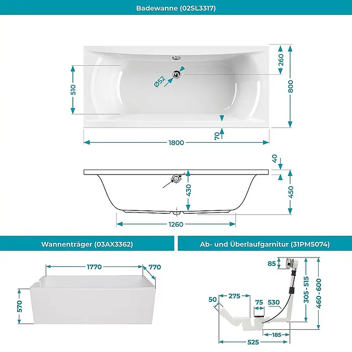 Calmwaters Badewanne Modern Curved - Sanitäracryl, Weiß - Technische Zeichnung der Badewanne (02SL3317) mit Maßen, Wannenträger (03AX3362) und Ab- und Überlaufgarnitur (31PM5074).