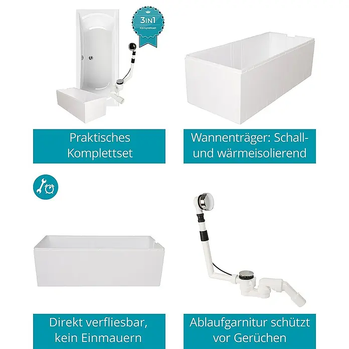 Calmwaters Badewanne Modern Curved - Sanitäracryl, Weiß - Produktabbildung eines kompletten Badewannen-Sets mit Zubehör, bestehend aus Badewanne, Wannenträger und Ablaufgarnitur.