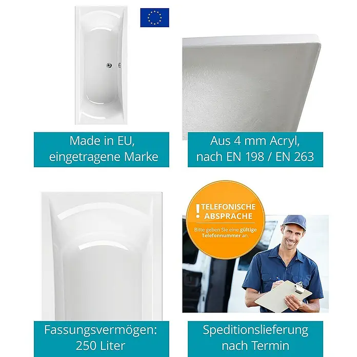 Calmwaters Badewanne Modern Curved - Sanitäracryl, Weiß - Produktabbildung: Die Badewanne mit Hinweisen zu Material, Volumen, Herkunft und Lieferbedingungen.