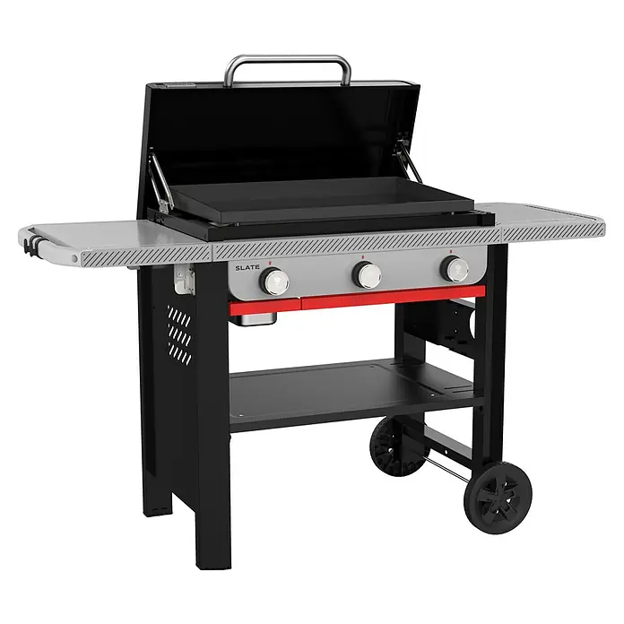 Weber Plancha-Grill Slate GPD - Grillfläche (B x T): 71 x 46 cm, 10,6 kW, Anzahl Brenner: 3 Stk. - Schwarzer und silberner Slate-Grill mit drei Knöpfen und roter Akzentleiste, ideal für kulinarische Erlebnisse im Freien.