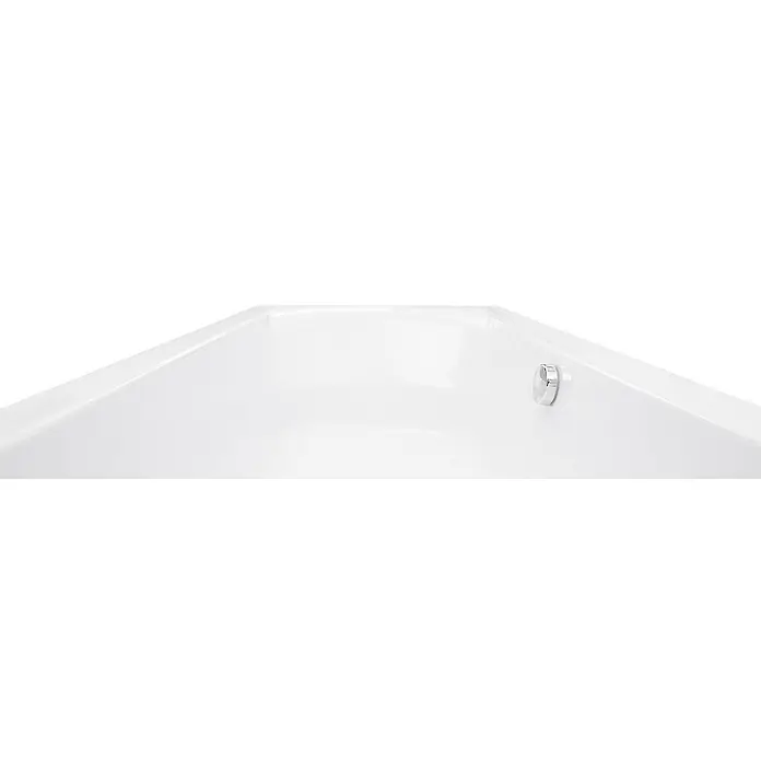 Calmwaters Badewanne Modern Curved - Sanitäracryl, Weiß - Nahaufnahme einer weißen Badewanne mit einem glänzenden, runden Abflussstopfen. Das schlichte Design und die klare Formgebung stehen im Fokus.