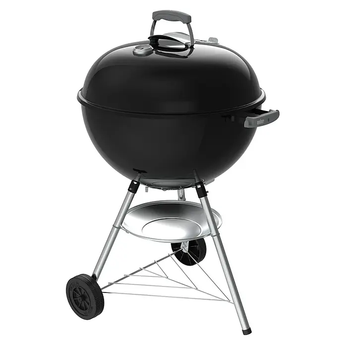 Weber Kugelgrill Bar-B-Kettle - Durchmesser Grillfläche: 57 cm, Schwarz - Abbildung eines schwarzen Weber Holzkohlegrills mit Deckel, Ablage und Rädern. Ideal für authentisches Grillen im Freien und köstliche BBQ-Erlebnisse.