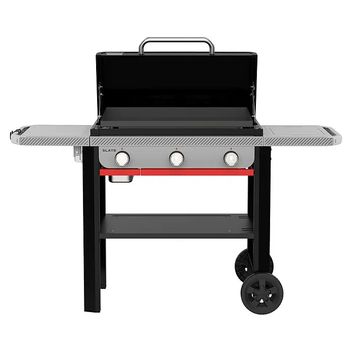 Weber Plancha-Grill Slate GPD - Grillfläche (B x T): 71 x 46 cm, 10,6 kW, Anzahl Brenner: 3 Stk. - Das Bild zeigt einen schwarzen Slate-Grill mit drei Brennern und einer Ablagefläche auf jeder Seite.