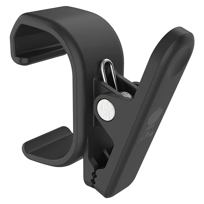 Weber Works Grillzubehör-Halterung - Kunststoff, Schwarz - Produktbild einer schwarzen Grillzange mit Befestigung, ideal zum Aufhängen von Grillutensilien und für ordentliche Aufbewahrung.