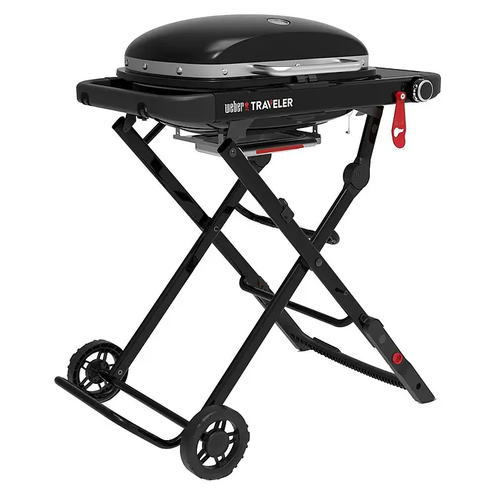 Weber Compact Gasgrill Traveler - Grillfläche (B x T): 53 x 36 cm, 3,2 kW, Anzahl Brenner: 1 Stk. - Abbildung eines Weber Traveler Grills, ein kompakter und tragbarer Grill mit einem schwarzen Deckel und Rahmen, ideal für unterwegs.