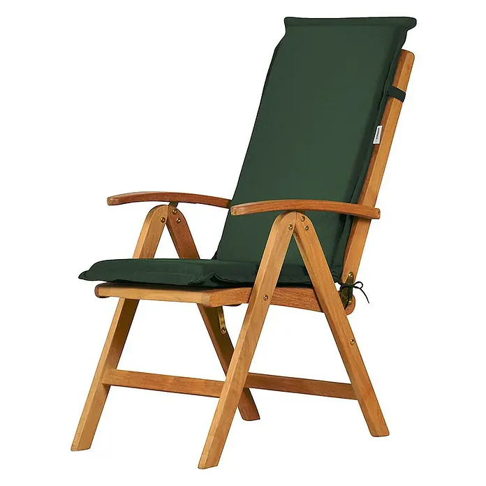 Kai Wiechmann Sitzauflage - Hochlehner, L x B x H: 117 x 47 x 6 cm, Polyacryl, Dunkelgrün - Ein bequemer Gartenstuhl aus Holz mit dunkelgrünen Polstern für entspannte Stunden im Freien.