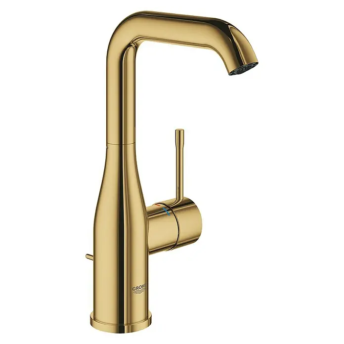 Grohe Essence New Waschtischarmatur L-Size - Mit Zugstange, Cool Sunrise, Glänzend - Nahaufnahme eines glänzenden, goldenen Grohe-Wasserhahns mit modernem Design und eleganten Kurven, perfekt für ein stilvolles Badezimmer.