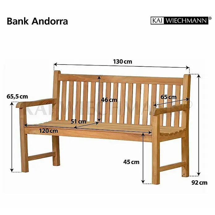 Kai Wiechmann Gartenbank - B x T x H: 130 x 65 x 92 cm, Teak, Naturbelassen - Abmessungen der Bank Andorra aus Teakholz mit detaillierten Maßangaben für Sitzhöhe, Armlehnenhöhe und Gesamtlänge.