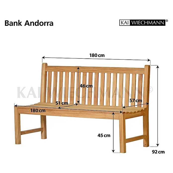 Kai Wiechmann Gartenbank - B x T x H: 180 x 57 x 92 cm, Teak, Naturbelassen - Abbildung einer Gartenbank aus Holz mit den Maßen 180 cm Länge, 92 cm Höhe und 51 cm Sitztiefe.