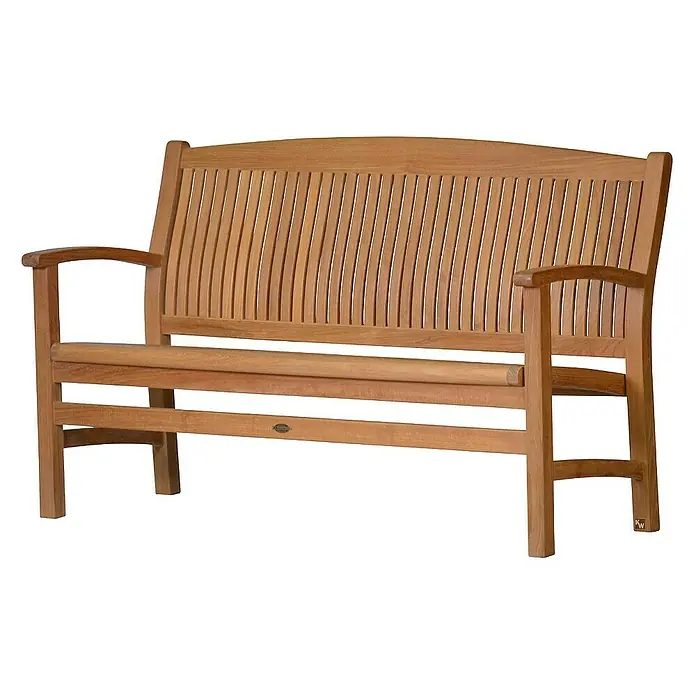 Kai Wiechmann Gartenbank - B x T x H: 120 x 63 x 92 cm, Teak, Naturbelassen - Diese Abbildung zeigt eine rustikale Gartenbank aus Holz mit Armlehnen und einer hohen Rückenlehne mit vielen Latten.