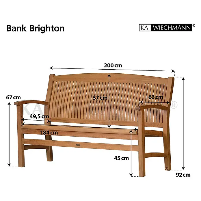 Kai Wiechmann Gartenbank - B x T x H: 200 x 63 x 92 cm, Teak, Naturbelassen - Abbildung einer Gartenbank Brighton aus Holz mit Größenangaben in Zentimetern, ideal für den Außenbereich.