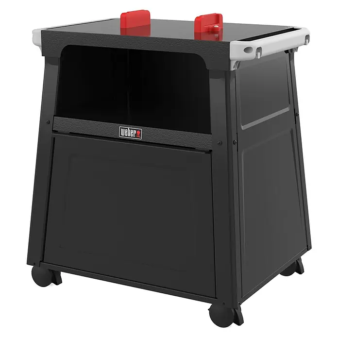 Weber Rollwagen Lumin - Passend für: Weber Lumin Grills, Stahl - Das Bild zeigt einen schwarzen Weber Grillwagen. Der Wagen ist mit Rädern ausgestattet und verfügt über eine Tür.