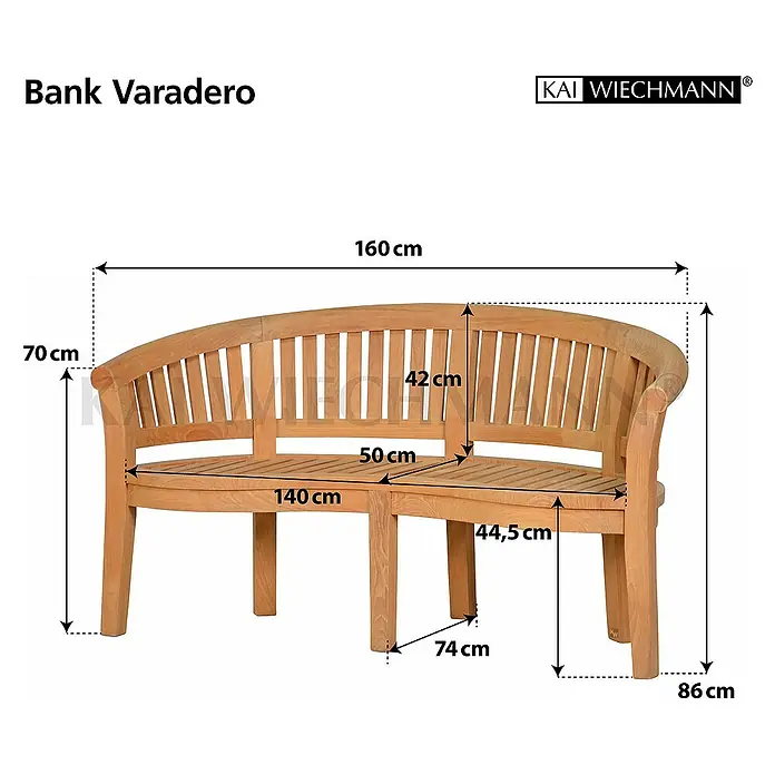 Kai Wiechmann Gartenbank - Teak, Naturbelassen - Das Bild zeigt die Maße der Bank Varadero, inklusive Länge, Höhe und Tiefe, um einen umfassenden Überblick zu bieten.