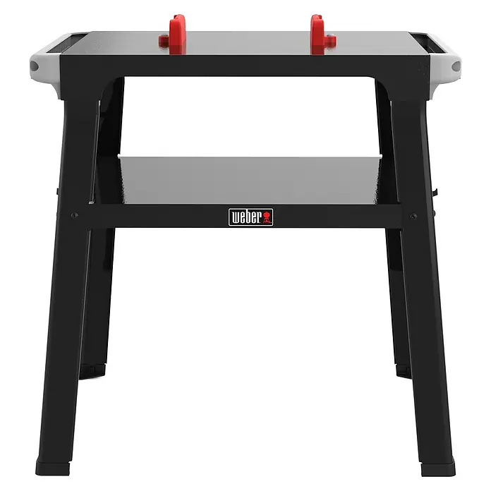 Weber Untergestell Lumin - Stahl, Passend für: Weber Lumin Grills - Weber Grilltisch mit schwarzem Gestell, Ablagefläche und roten Halterungen, ideal für die Zubereitung und das Abstellen von Grillgut.
