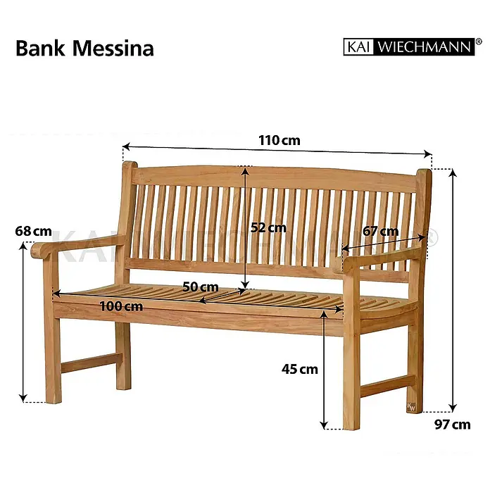Kai Wiechmann Gartenbank - B x T x H: 110 x 67 x 91 cm, Teak, Naturbelassen - Bild einer Gartenbank Messina aus Holz mit Maßangaben zu Länge, Höhe und Tiefe.