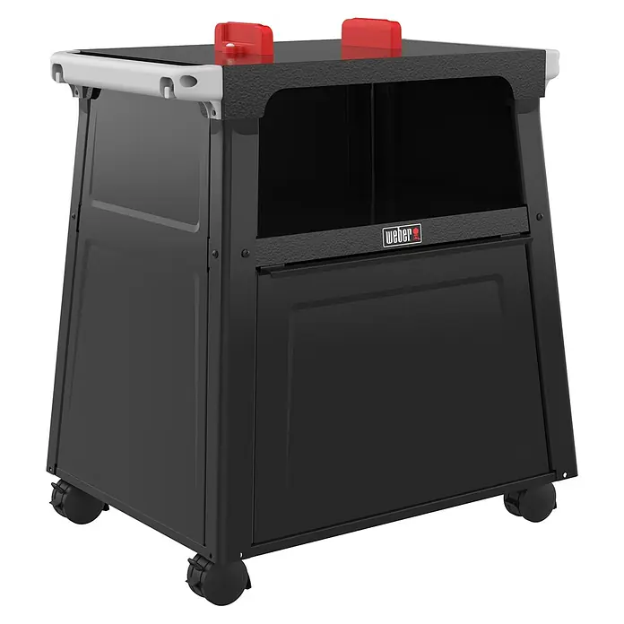 Weber Rollwagen Lumin - Passend für: Weber Lumin Grills, Stahl - Bild eines schwarzen Weber-Grillwagens mit roten Akzenten und Rädern.