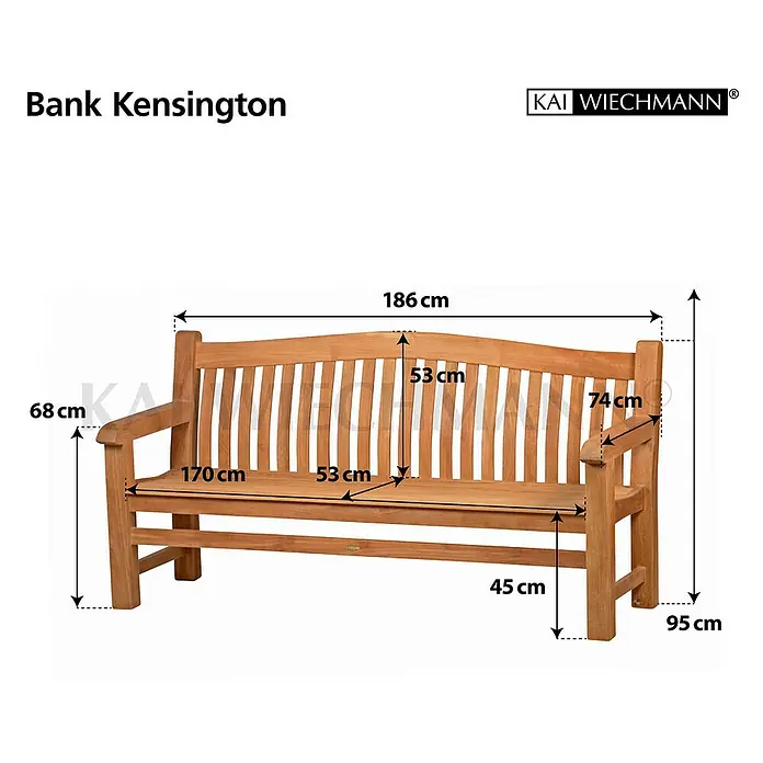 Kai Wiechmann Gartenbank - B x T x H: 186 x 74 x 95 cm, Teak, Naturbelassen - Abbildung der Gartenbank Kensington mit den Massangaben. Das Produkt ist aus Holz gefertigt.