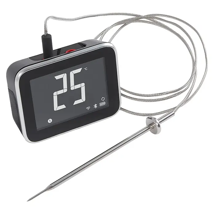 Weber Grill-Thermometer - Schwarz - Nahaufnahme eines digitalen Fleischthermometers mit Sonde, das 25 °C anzeigt. Ideal zum präzisen Kochen und Grillen.