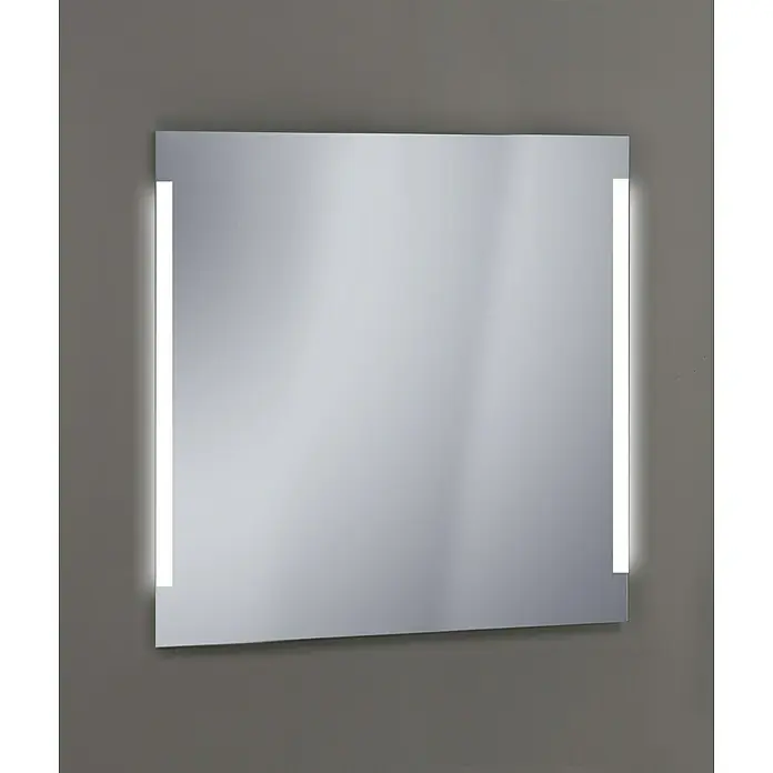 Espejo con luz Alanna - 80 x 80 cm - Espejo rectangular con iluminación LED lateral sobre una pared gris. Este espejo es ideal para baños y vestidores.