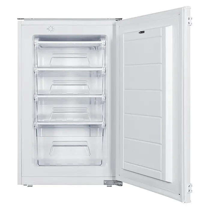 Respekta Tiefkühlschrank Manu GS88-11 - Nutzinhalt Gesamt: 77 l, 54 x 54 x 87,1 cm, Weiß - Offener weißer Gefrierschrank mit transparenten Schubladen. Das Gefriergerät hat eine Tür mit Fächern und einem Bedienfeld.