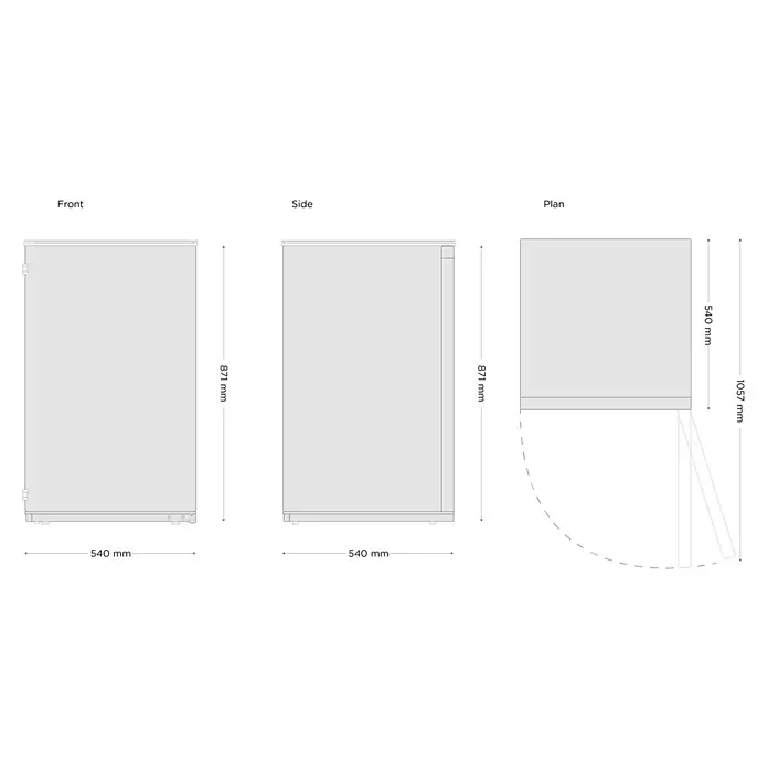 Respekta Tiefkühlschrank Manu GS88-11 - Nutzinhalt Gesamt: 77 l, 54 x 54 x 87,1 cm, Weiß - Produktabbildung mit Maßangaben für eine detaillierte Ansicht des Produkts, einschließlich Höhe, Breite und Tiefe in Millimetern.