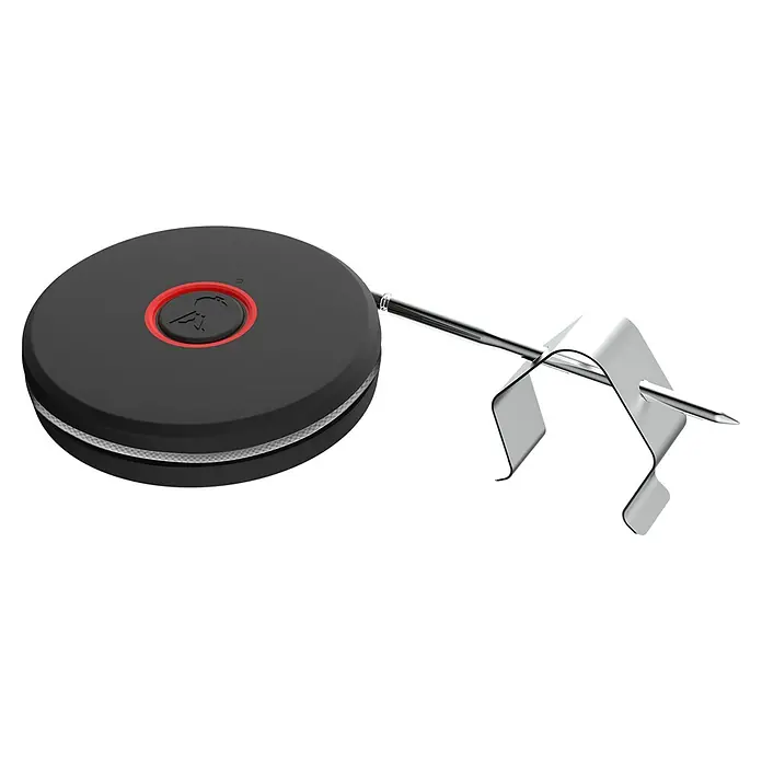 Weber Grill-Thermometer - Bluetooth - Nahaufnahme eines intelligenten Fleischthermometers mit rundem, schwarzem Gehäuse, rotem Knopf und einem metallischen Fühler.