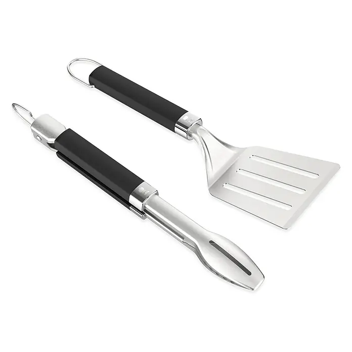 Weber Grillbesteck - Länge: 37,5 cm, 2 -tlg. - Grillbesteck-Set: Ein Spatel und eine Zange mit schwarzen Griffen aus Edelstahl. Perfekt zum Grillen!
