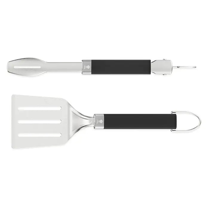 Weber Grillbesteck - Länge: 37,5 cm, 2 -tlg. - Grillbesteck-Set mit Wender und Grillzange aus Edelstahl mit schwarzen Griffen für komfortables Grillen.