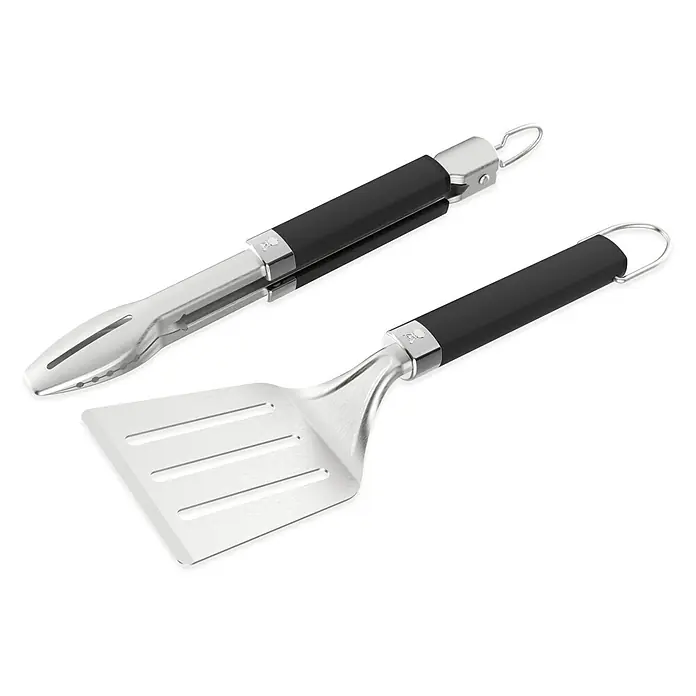 Weber Grillbesteck - Länge: 37,5 cm, 2 -tlg. - Grillset bestehend aus einer Grillzange und einem Grillwender mit schwarzen Griffen und Aufhängösen für eine einfache Aufbewahrung.