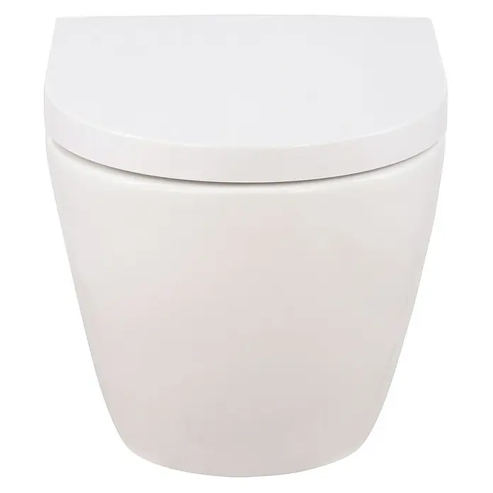 Calmwaters Wand-WC-Set Spülrandloses Raumspar-WC - Spülrandlos, Ohne Spezialglasur, Spülform: Tief, WC Abgang: Waagerecht, Weiß - Nahaufnahme einer hängenden, modernen, weißen Toilette.