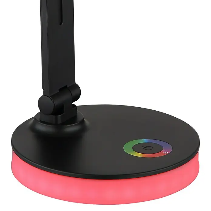 Globo LED-Tischleuchte Geraldo - 5 W, L x B x H: 280 x 150 x 500 mm, Mehrfarbig, Schwarz - Nahaufnahme einer modernen, schwarzen LED-Schreibtischlampe mit farbwechselnder Basis und Touch-Bedienfeld.