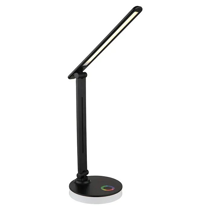 Globo LED-Tischleuchte Geraldo - 5 W, L x B x H: 280 x 150 x 500 mm, Mehrfarbig, Schwarz - Nahaufnahme einer modernen, schwarzen LED-Schreibtischlampe mit Farbtemperaturregelung, ideal für Büro oder Arbeitszimmer.