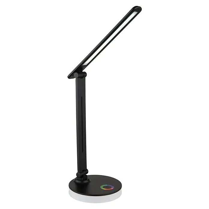 Globo LED-Tischleuchte Geraldo - 5 W, L x B x H: 280 x 150 x 500 mm, Mehrfarbig, Schwarz - Diese Aufnahme zeigt eine moderne, schwarze LED-Schreibtischlampe mit verstellbarem Arm und Farbtemperaturregelung für optimale Beleuchtung.