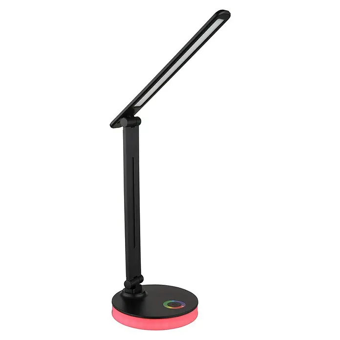 Globo LED-Tischleuchte Geraldo - 5 W, L x B x H: 280 x 150 x 500 mm, Mehrfarbig, Schwarz - Schwarze LED-Schreibtischlampe mit verstellbarem Arm und farbwechselndem Sockel für das perfekte Ambiente beim Arbeiten oder Lernen.