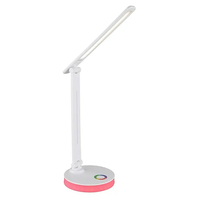 Globo LED-Tischleuchte Geraldo - 5 W, L x B x H: 280 x 150 x 500 mm, Mehrfarbig, Weiß - Nahaufnahme einer modernen, weißen LED-Schreibtischlampe mit Farbfunktion, die ein helles Licht spendet und sich ideal für den Schreibtisch eignet.