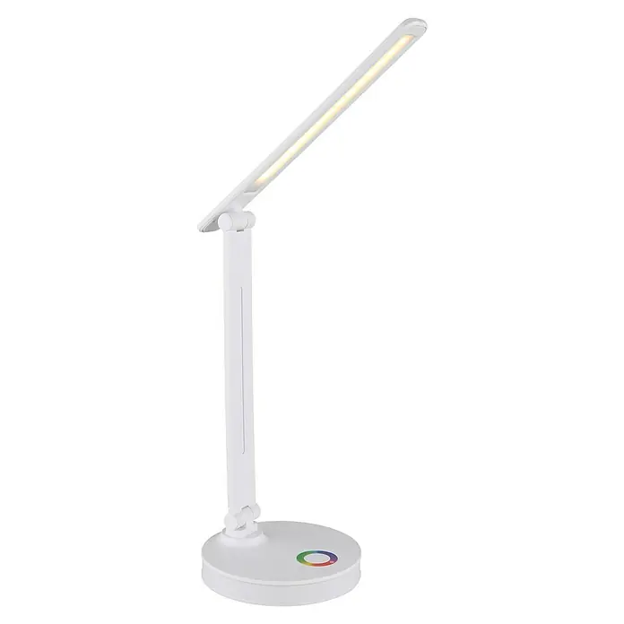 Globo LED-Tischleuchte Geraldo - 5 W, L x B x H: 280 x 150 x 500 mm, Mehrfarbig, Weiß - Nahaufnahme einer weißen LED-Schreibtischlampe mit Farbwechselbasis, die ein modernes Design und funktionale Beleuchtung zeigt.