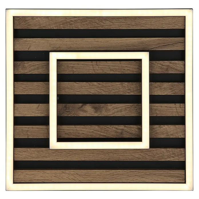 Globo Plafón LED Wood - L x An x Al: 300 x 300 x 60 mm, Marrón, 18 W, Blanco cálido - Aplique de pared LED cuadrado con fondo de listones de madera para un ambiente moderno y elegante.