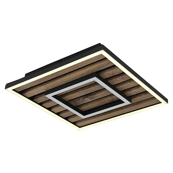 Globo Plafón LED Wood - L x An x Al: 300 x 300 x 60 mm, Marrón, 18 W, Blanco cálido - Lámpara de techo moderna con paneles de madera y diseño LED cuadrado. La luminaria combina materiales naturales con iluminación moderna.