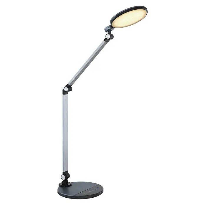 Globo Tischleuchte Konsti - 9 W, L x B x H: 50 x 19,2 x 90,5 cm, Grau/Schwarz - Eine moderne LED-Tischleuchte mit verstellbarem Arm und rundem Leuchtenkopf. Die Lampe ist in Silber gehalten und steht auf einem runden Sockel mit Bedienelementen.