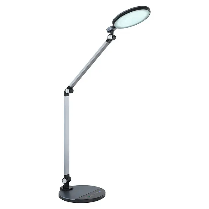 Globo Tischleuchte Konsti - 9 W, L x B x H: 50 x 19,2 x 90,5 cm, Grau/Schwarz - Moderne LED-Schreibtischlampe in Silber und Schwarz. Elegantes Design mit verstellbarem Arm und rundem Leuchtkopf für optimale Beleuchtung am Arbeitsplatz.