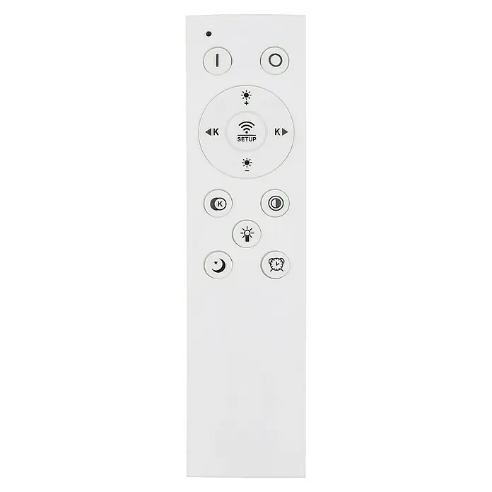 Globo LED-Deckenleuchte rund Eila - 48 W, Ø x H: 48 x 6,3 cm, Weiß/ Champagner - Nahaufnahme einer weißen Fernbedienung mit verschiedenen Symbolen zur Steuerung von Licht und Einstellungen.