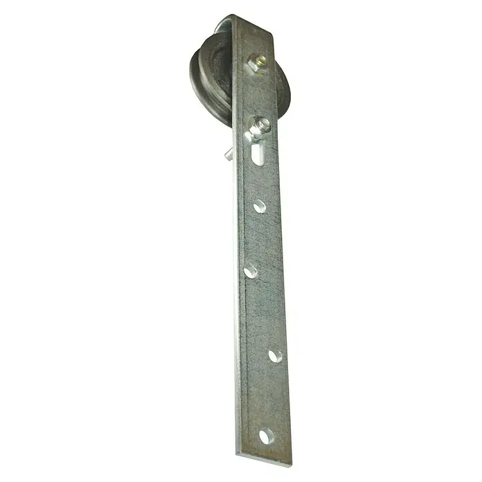 HBS Betz Schiebetorrolle mit Bügel - Traglast: 30 kg, Durchmesser: 60 mm, Länge: 26,5 cm - Nahaufnahme einer Metallschiene mit einem Rad, die für Schiebetüren verwendet wird, mit mehreren Löchern für die Montage.