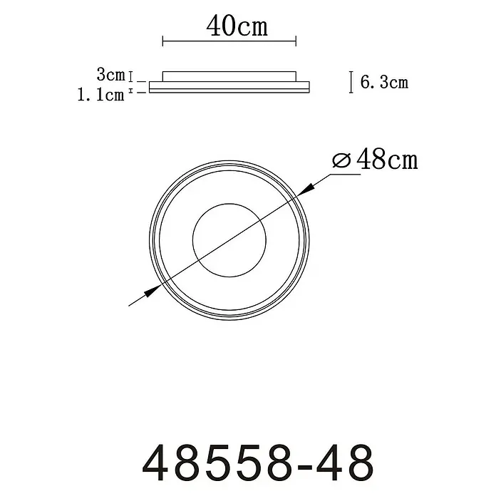 Globo LED-Deckenleuchte rund Eila - 48 W, Ø x H: 48 x 6,3 cm, Weiß/ Champagner - Technische Zeichnung einer runden LED-Deckenleuchte mit den Maßen 40 cm Breite, 48 cm Durchmesser und einer Höhe von 6,3 cm.