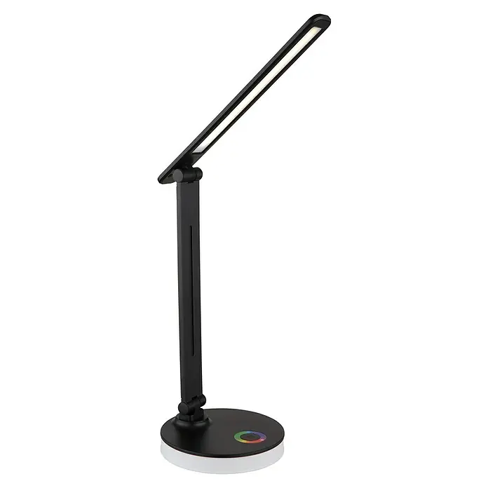 Globo LED-Tischleuchte Geraldo - 5 W, L x B x H: 280 x 150 x 500 mm, Mehrfarbig, Schwarz - Das Bild zeigt eine moderne LED-Tischleuchte mit verstellbarem Arm und farbwechselnder Basis für eine flexible Beleuchtung.