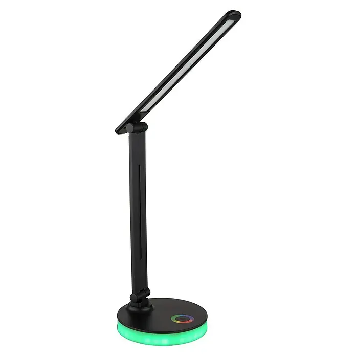 Globo LED-Tischleuchte Geraldo - 5 W, L x B x H: 280 x 150 x 500 mm, Mehrfarbig, Schwarz - Diese Aufnahme zeigt eine moderne Schreibtischlampe mit LED-Beleuchtung und farbiger Basis, ideal für jeden Arbeitsplatz.