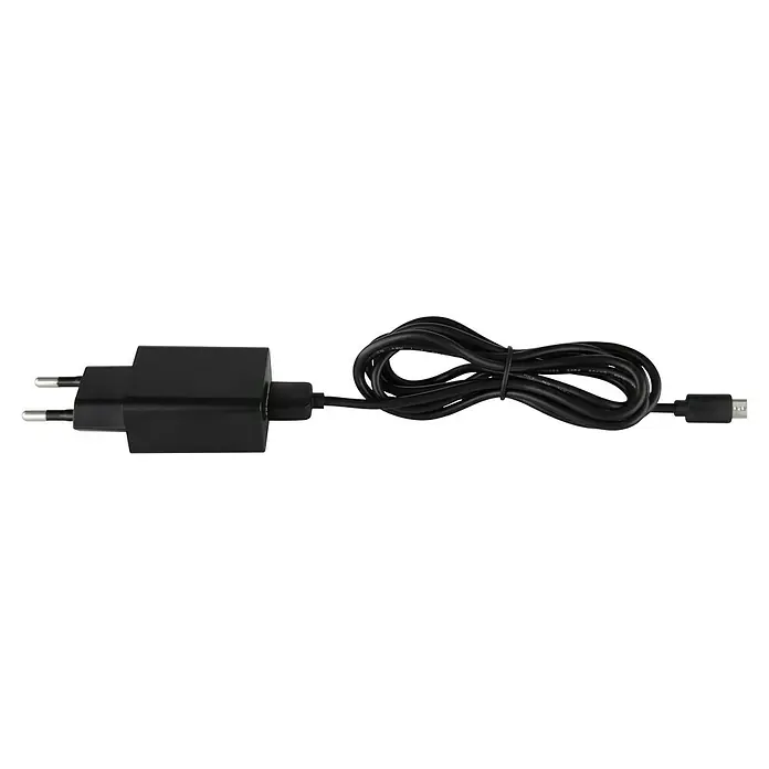 Globo LED-Tischleuchte Geraldo - 5 W, L x B x H: 280 x 150 x 500 mm, Mehrfarbig, Schwarz - Schwarzes USB-Ladegerät mit Eurostecker und gewickeltem Kabel für Smartphones und andere elektronische Geräte.