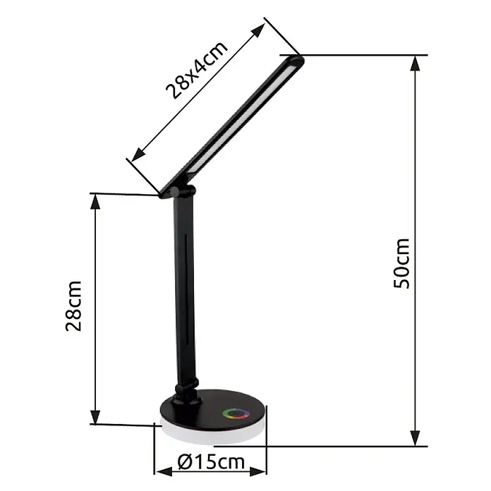 Globo LED-Tischleuchte Geraldo - 5 W, L x B x H: 280 x 150 x 500 mm, Mehrfarbig, Schwarz - Bild einer schwarzen LED-Tischleuchte mit Größenangaben.