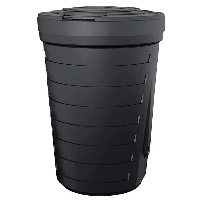 Regentonne Raincan - 210 l, Schwarz, 1 Stk. - Schwarzer, zylindrischer Behälter mit horizontalen Rillen und Deckel, ideal für die Gartenarbeit.