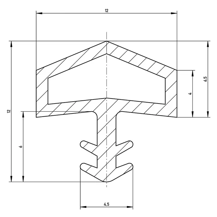 Solid Elements Türdichtung - Weiß, Länge: 5 m, Passend für: Holzzargen - Technische Zeichnung eines Dichtungsprofils mit Bemaßungen, die Details zur Größe und Form des Profils zeigen.