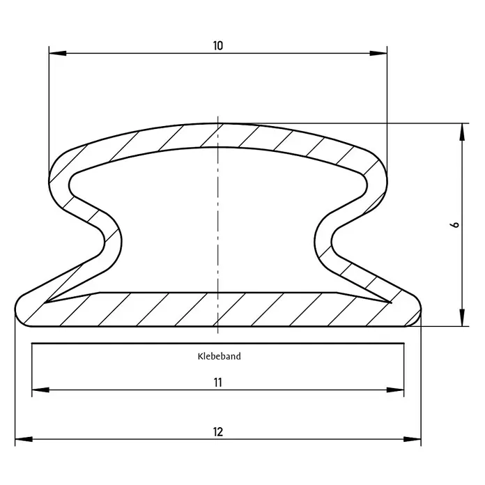 Solid Elements Selbstklebedichtung - Weiß, 5 m x 12 mm x 6 mm, Geeignet für: Fenster - Profilschnitt eines Gummiprofils mit den Maßen 10 x 9 mm, Klebebandbereich 11 x 12 mm.